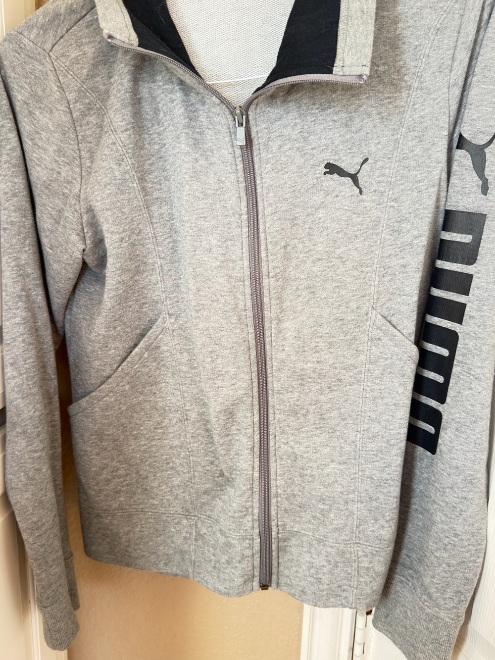 Puma Light Heather Gray Full-Zip Hoodie with Black Logos